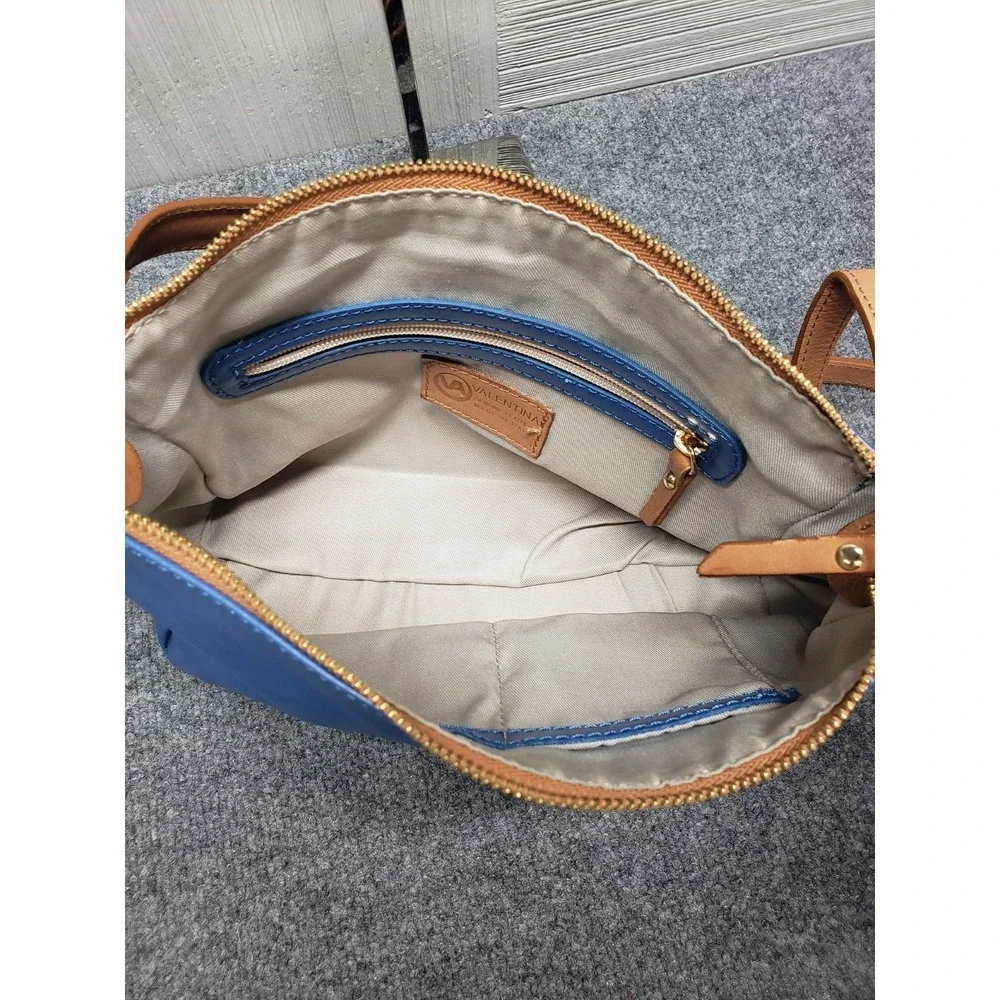 Valentina Women Handbag Blue Brown Zip Detachable Strap Lined‎ Inner Pocket City